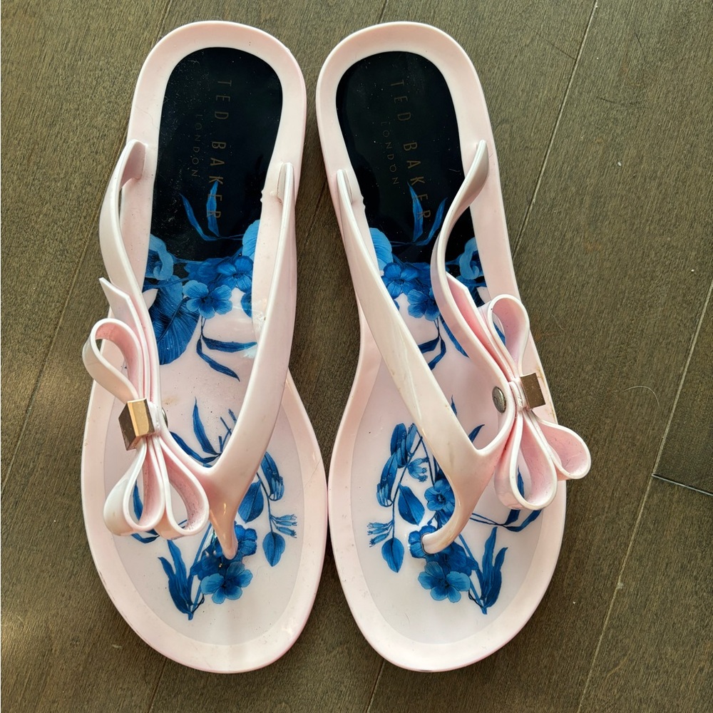 Pink Ted Baker Suzzip Floral Bow Flip Flops, Size 38 UK / 7.5 US